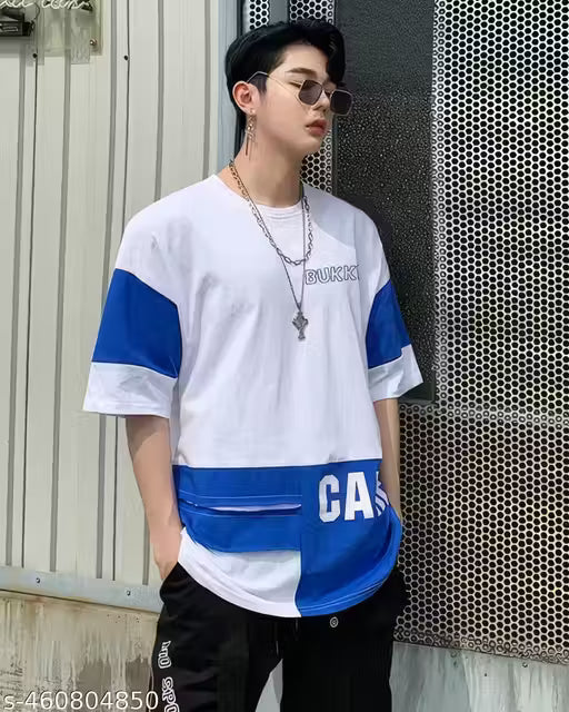 Oversized Blue & White Colorblock T-Shirt - Street Style