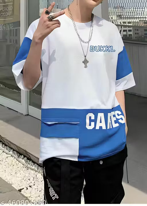 Oversized Blue & White Colorblock T-Shirt - Street Style