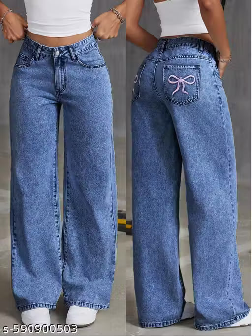 Wide Leg Jeans with Bow Detail - High Waisted