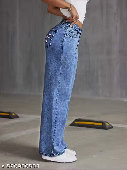 Wide Leg Jeans with Bow Detail - High Waisted