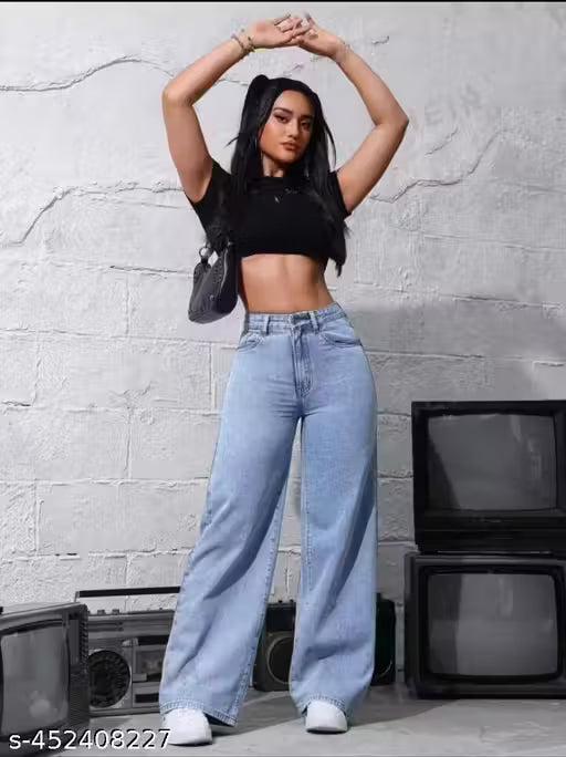 High-Waisted Wide Leg Denim Jeans - Relaxed Fit