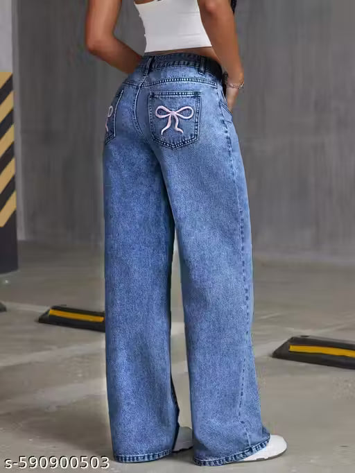 Wide Leg Jeans with Bow Detail - High Waisted