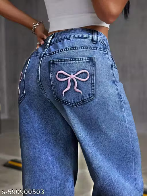 Wide Leg Jeans with Bow Detail - High Waisted